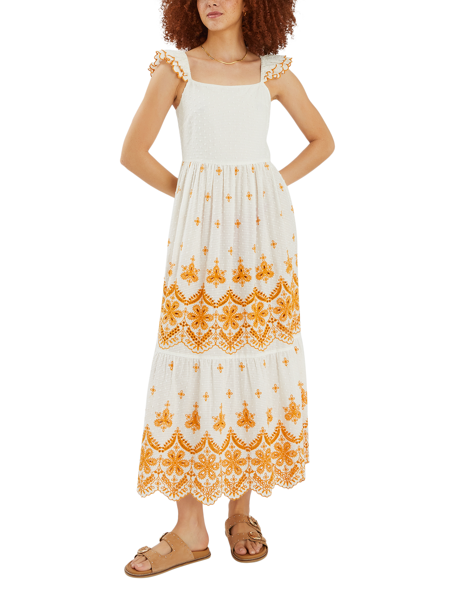 Product image 1 of 4, which shows Accessorize Embroidered Frill Maxi Dress, White, L