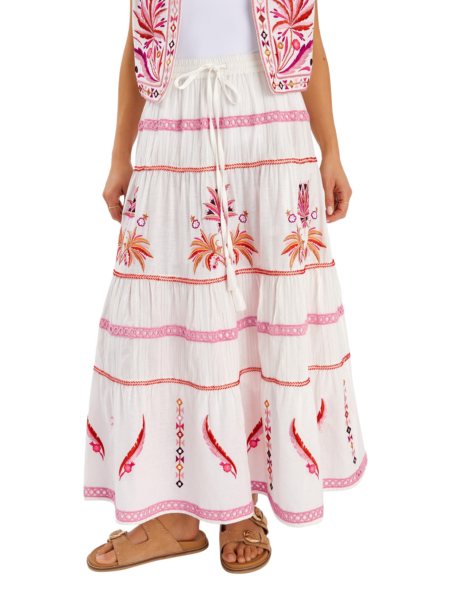 Product image 1 of 4, which shows Accessorize Embroidered Tiered Skirt, White, S
