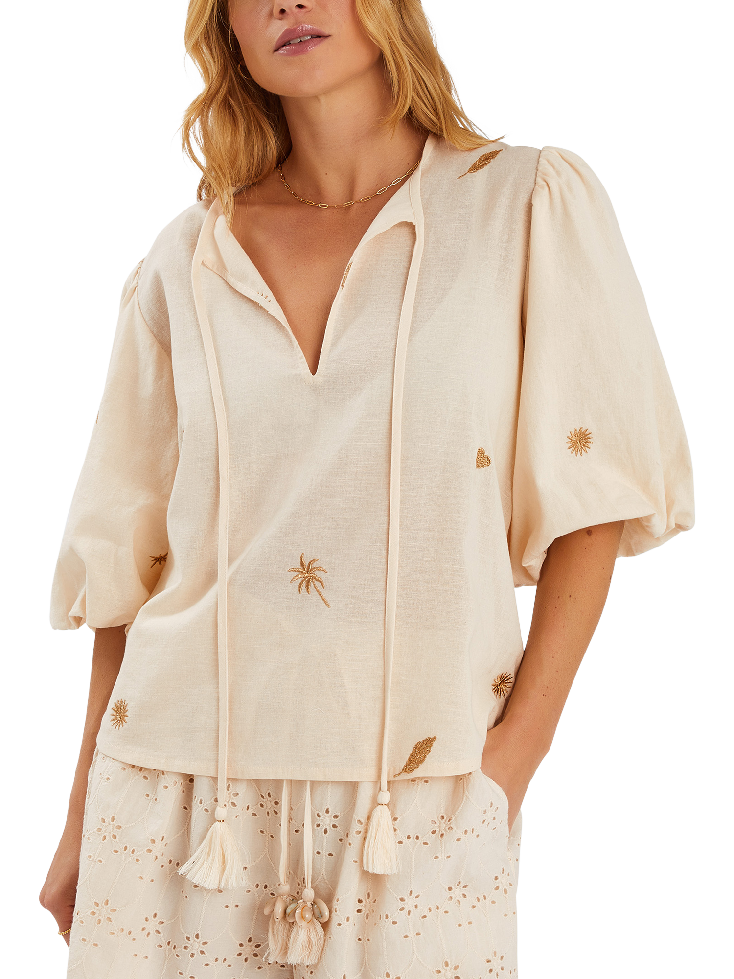 Product image 1 of 4, which shows Accessorize Metallic Embroidered Top, Natural, S