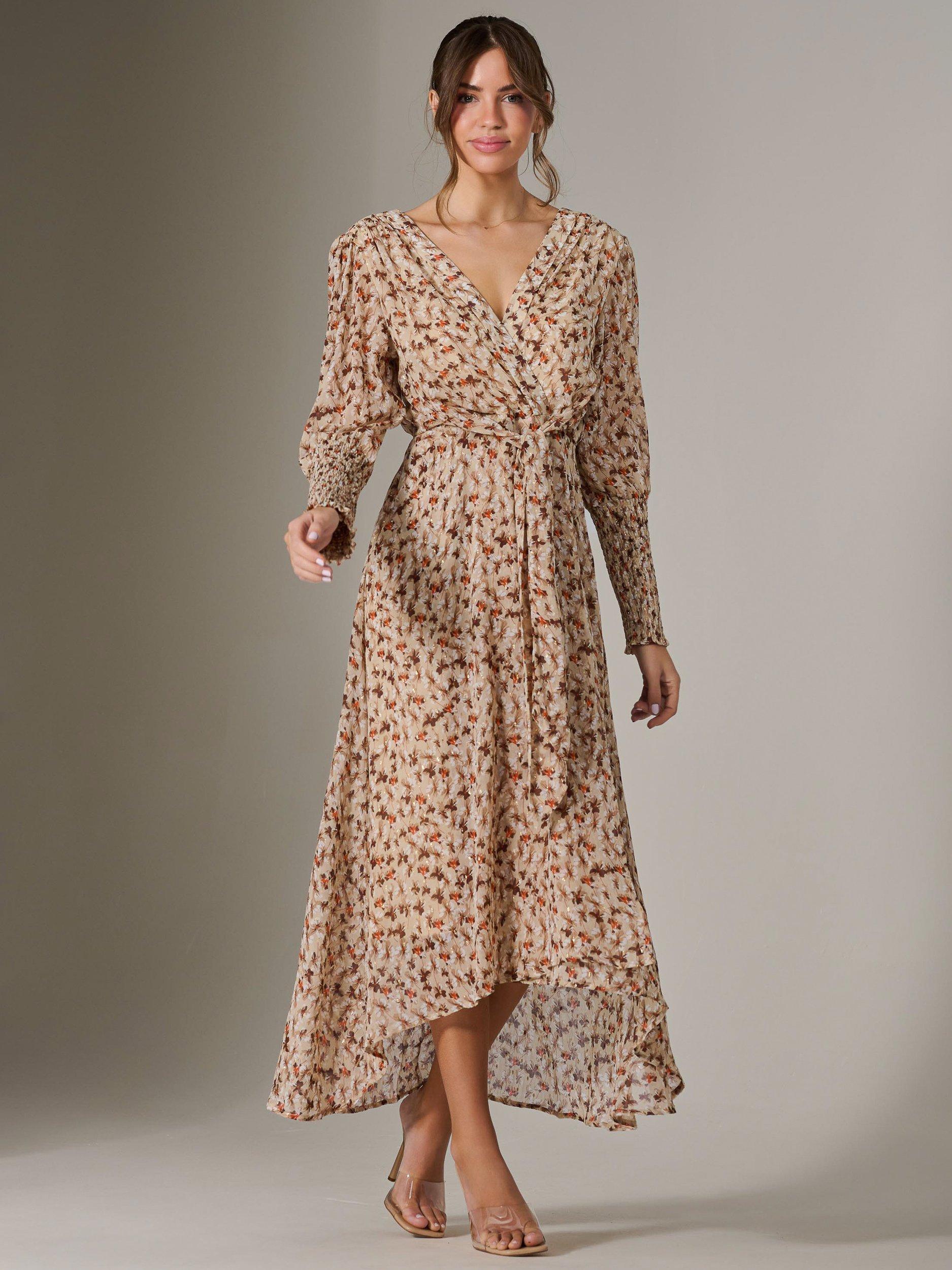 Jolie Moi Floral Puff Sleeve Tie Waist Maxi Dress, Brown Floral
