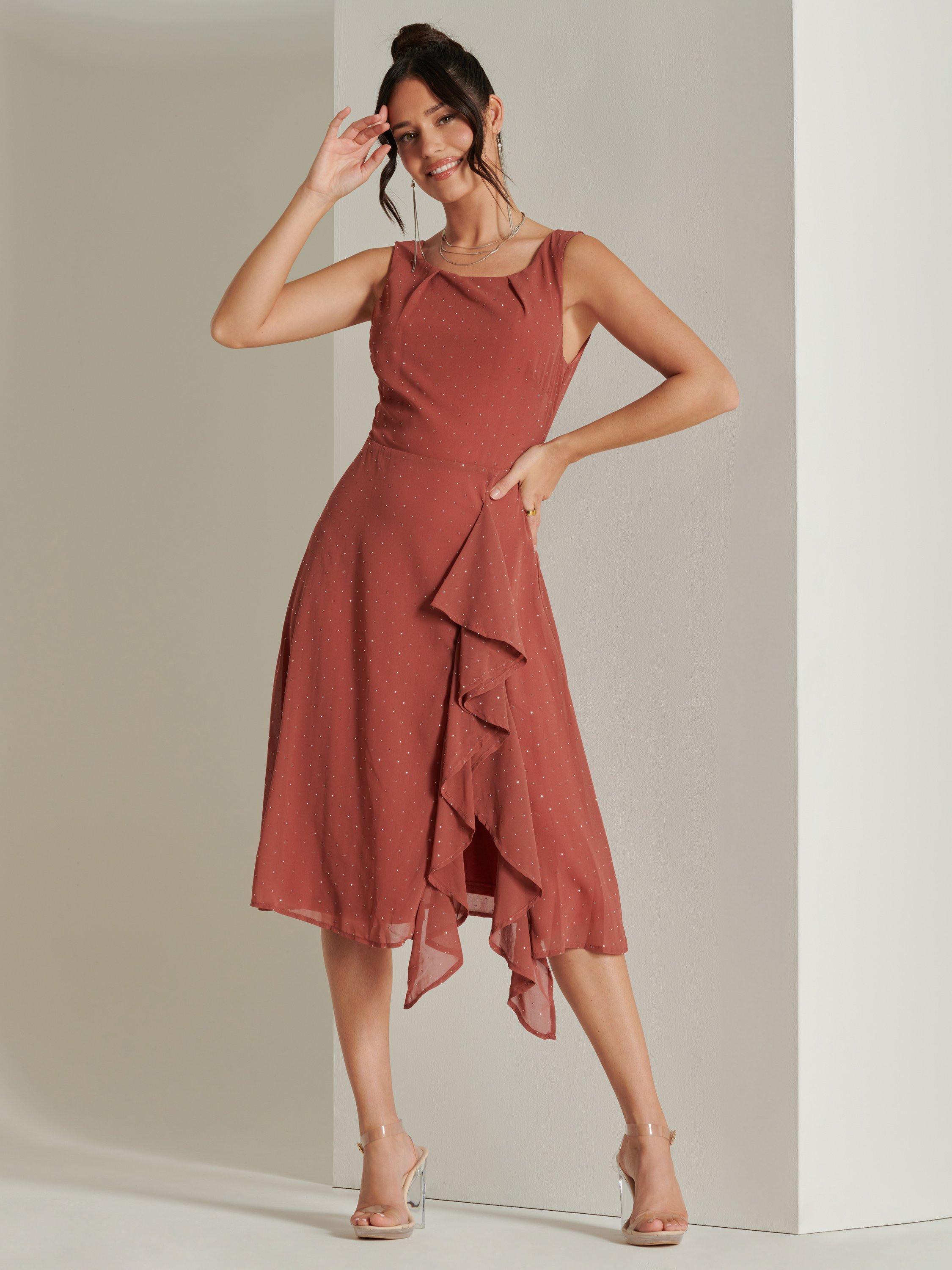 Jolie Moi Frill Hem Chiffon Dress, Rust