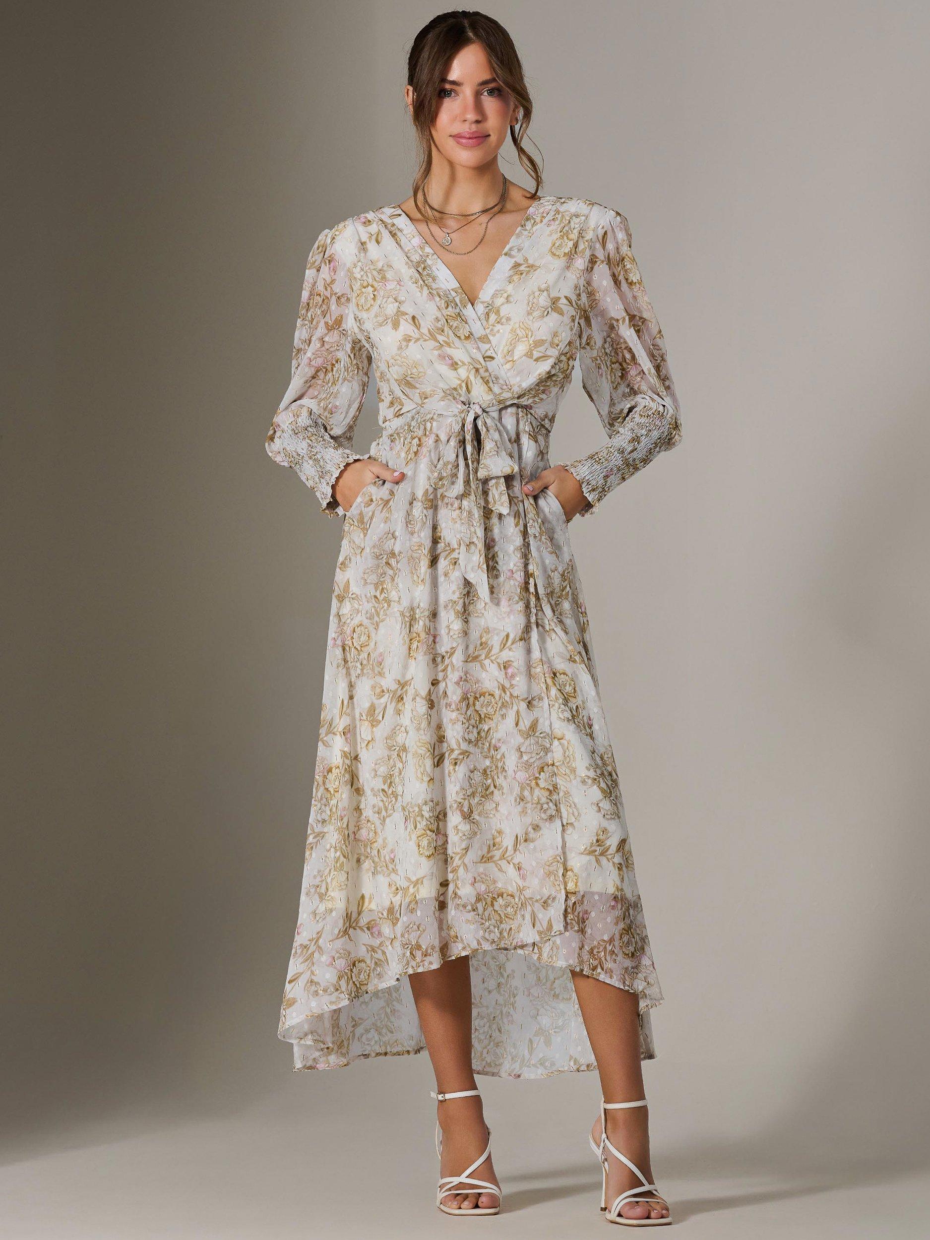 Jolie Moi Floral Puff Sleeve Tie Waist Maxi Dress, Cream Floral