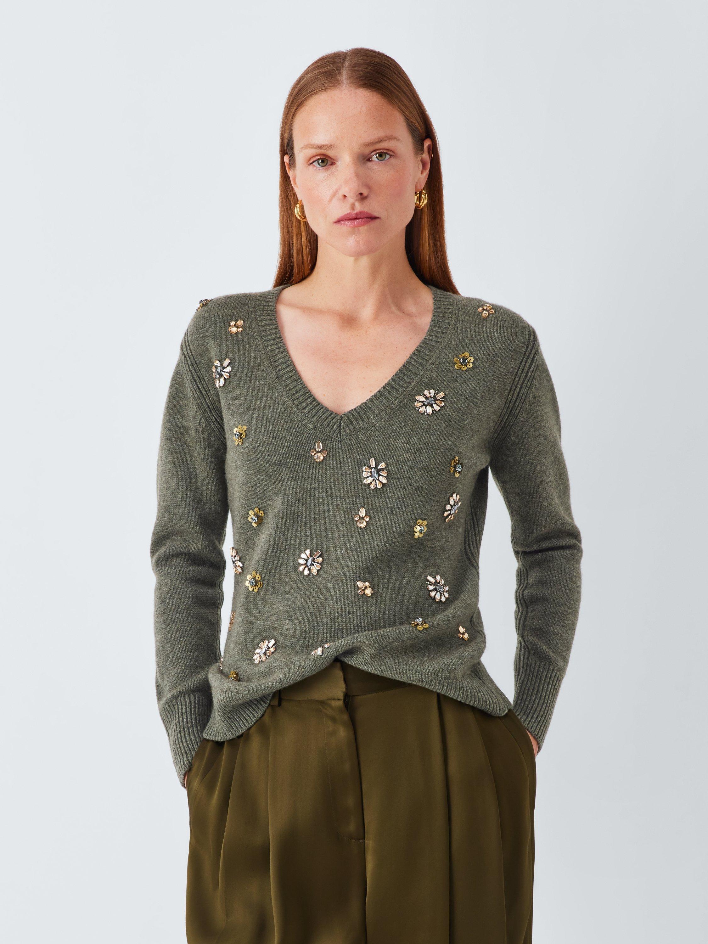 Product image 1 of 6, which shows John Lewis Wool Blend Embellished V-Neck Jumper, Khaki, XS
