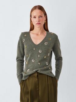 John Lewis Wool Blend Embellished V-Neck Jumper, Khaki, Khaki