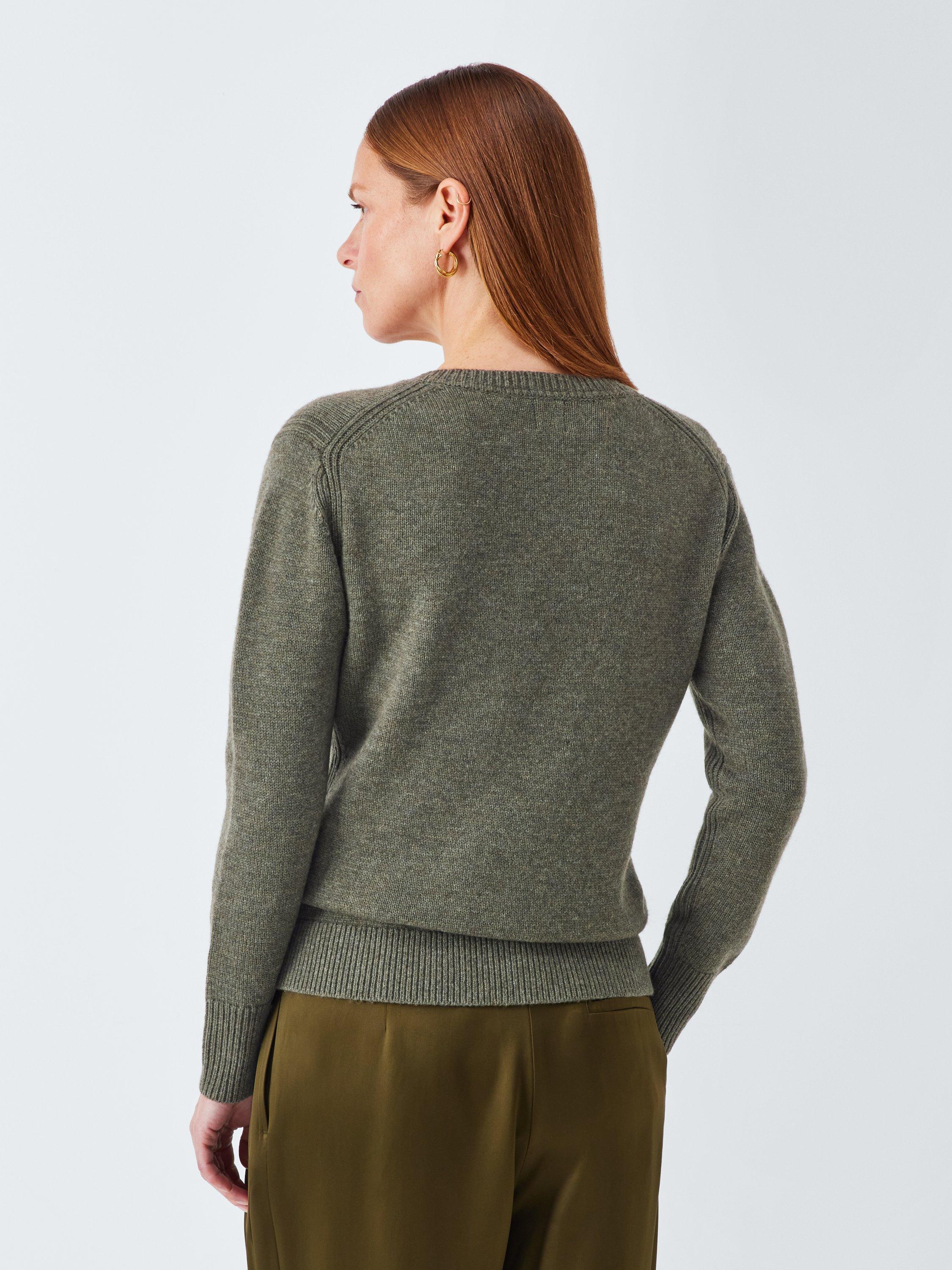 Product image 2 of 6, which shows John Lewis Wool Blend Embellished V-Neck Jumper, Khaki, XS