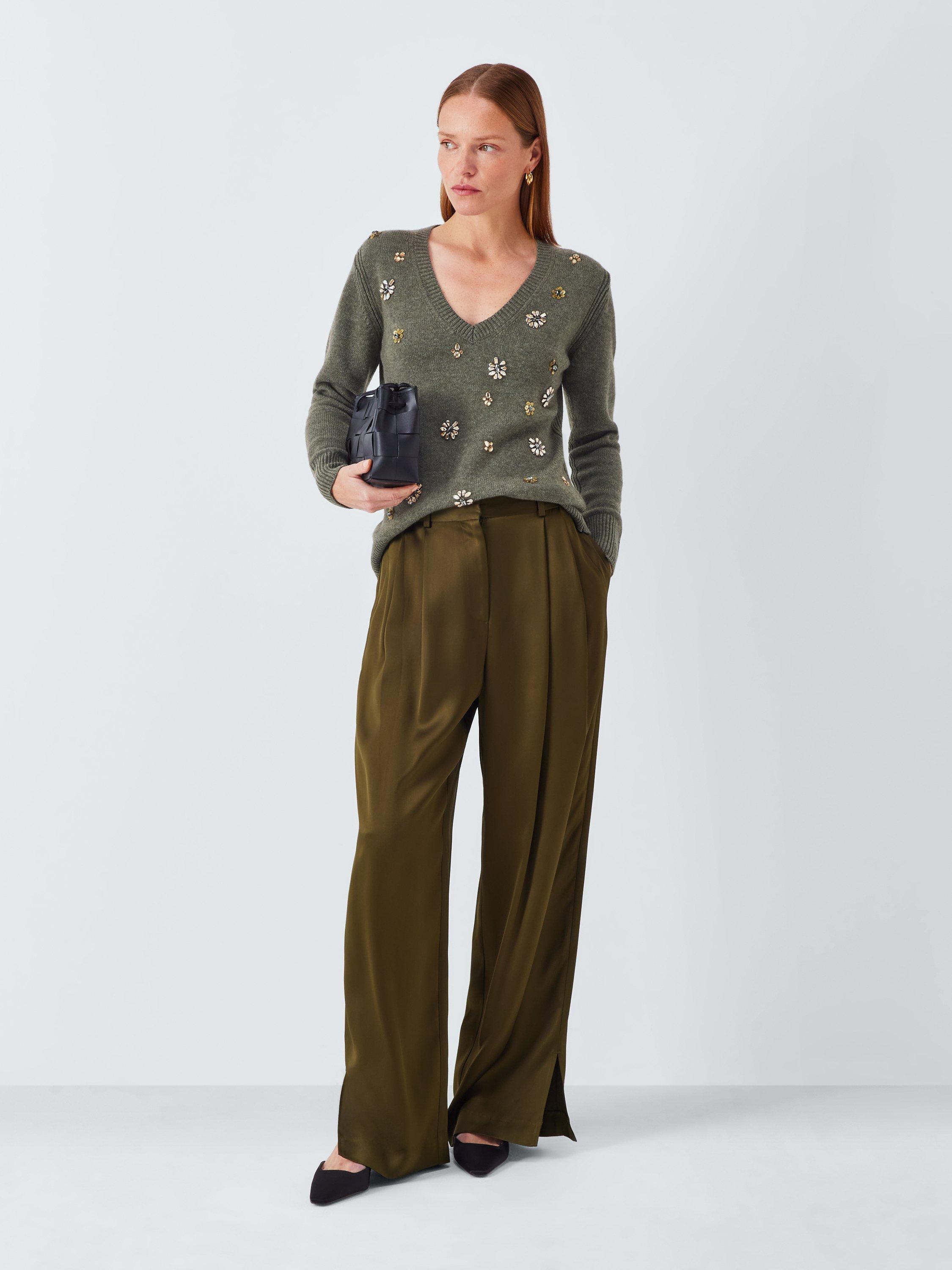 Product image 3 of 6, which shows John Lewis Wool Blend Embellished V-Neck Jumper, Khaki, XS
