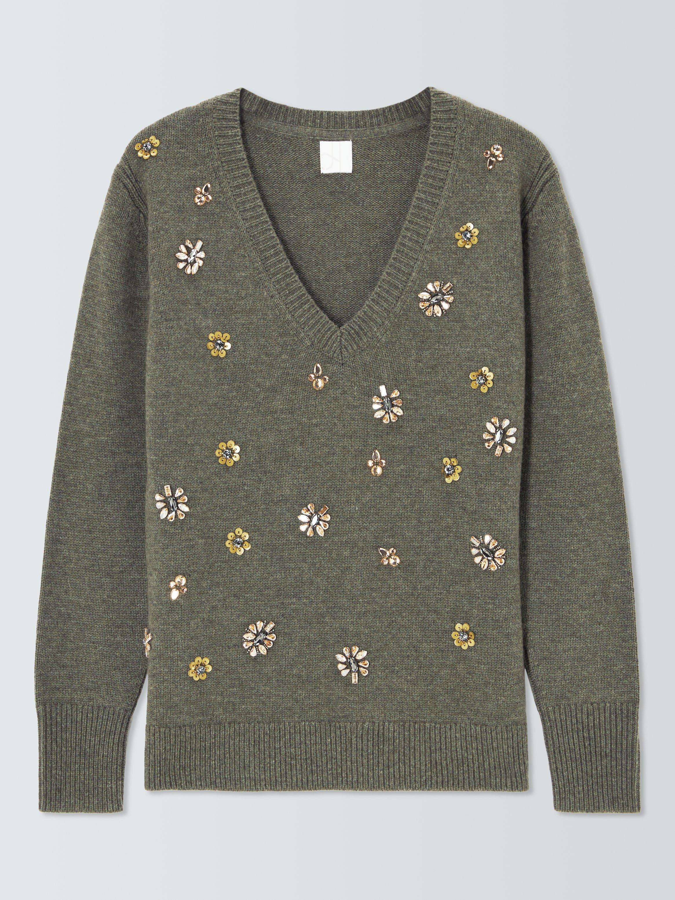 Product image 4 of 6, which shows John Lewis Wool Blend Embellished V-Neck Jumper, Khaki, XS