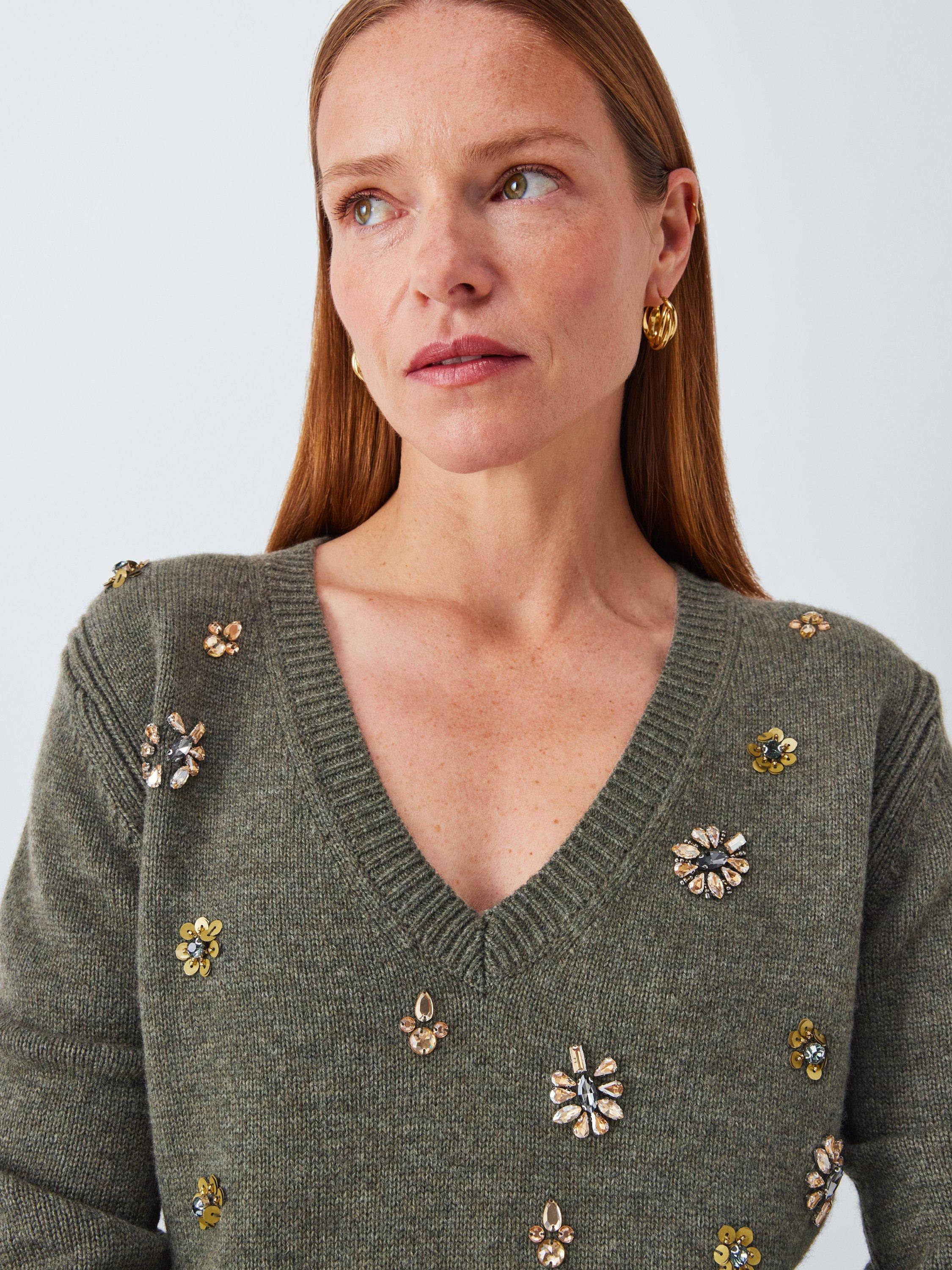 Product image 5 of 6, which shows John Lewis Wool Blend Embellished V-Neck Jumper, Khaki, XS
