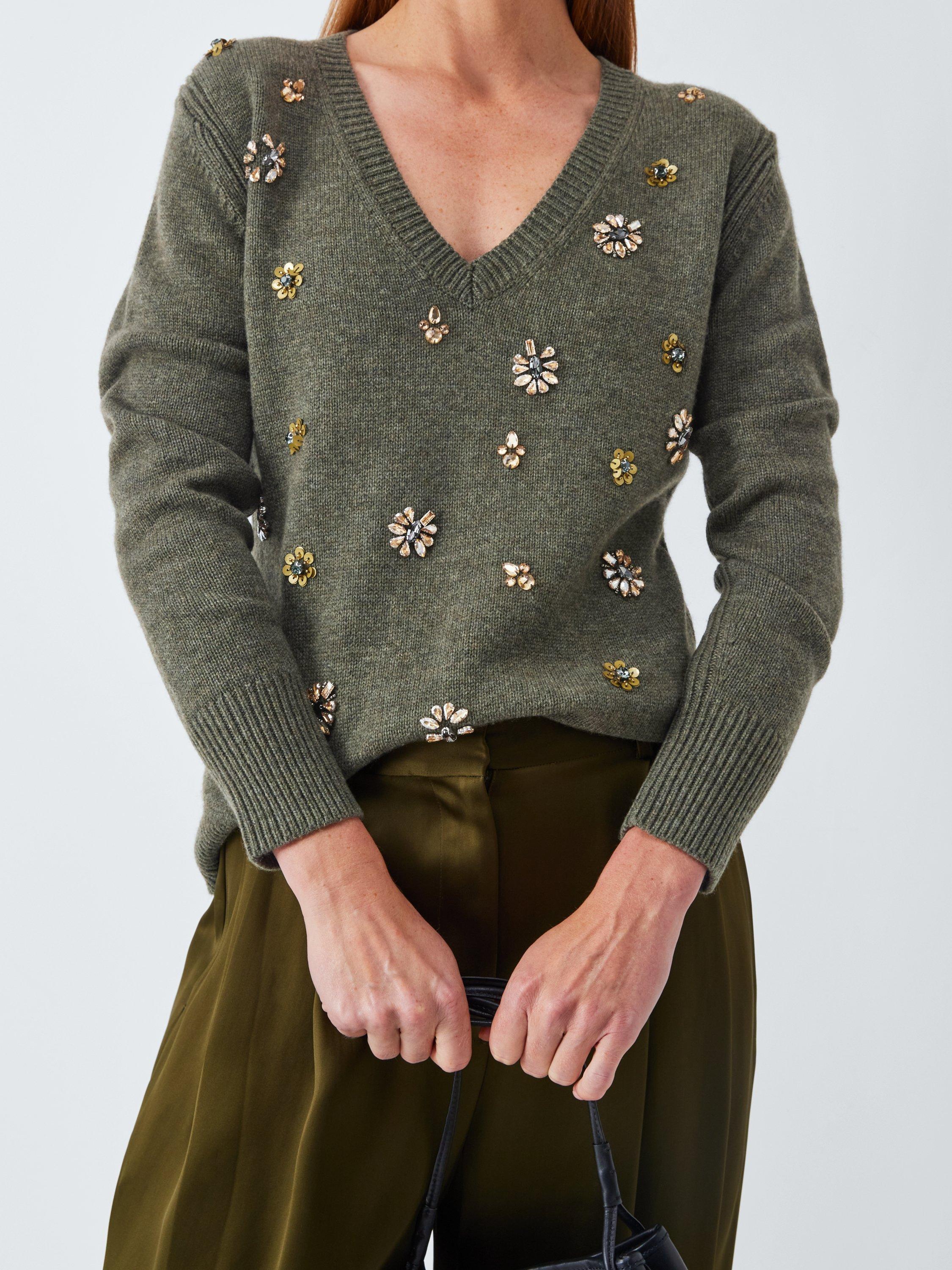 Product image 6 of 6, which shows John Lewis Wool Blend Embellished V-Neck Jumper, Khaki, XS