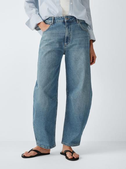 John Lewis Mid Rise Barrel Leg Jeans, Mid Blue - view 2, Mid Blue