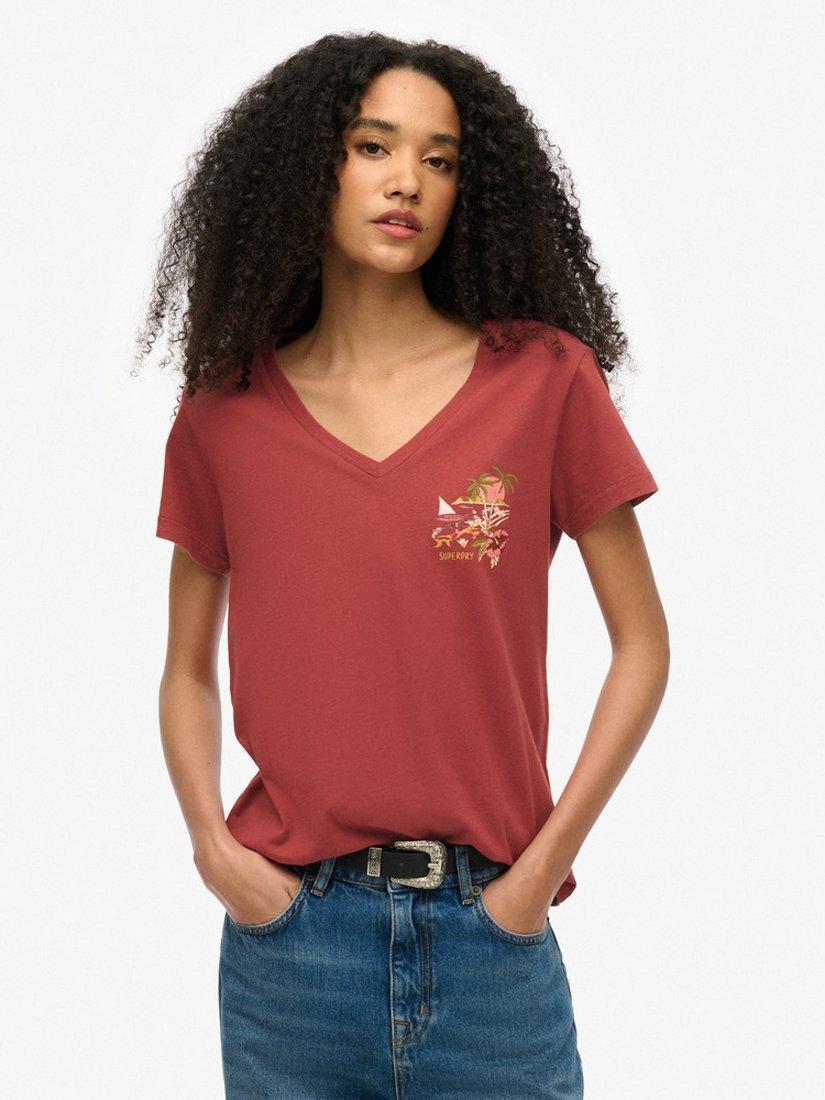 Product image 1 of 5, which shows Superdry Suika Metallic Relaxed V-Neck T-Shirt, New Port Red, 8