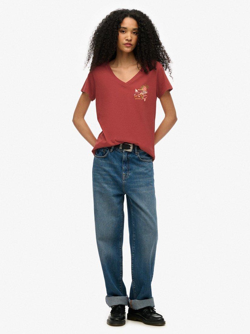Product image 3 of 5, which shows Superdry Suika Metallic Relaxed V-Neck T-Shirt, New Port Red, 8