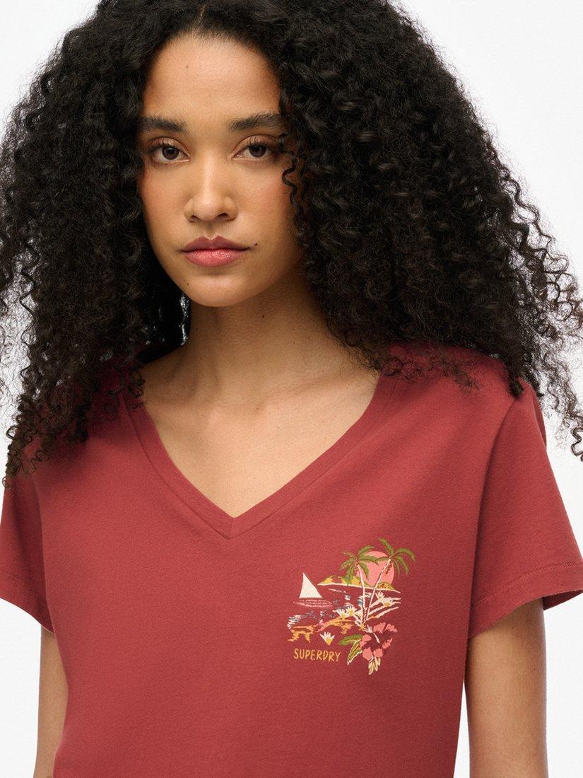 Product image 4 of 5, which shows Superdry Suika Metallic Relaxed V-Neck T-Shirt, New Port Red, 8