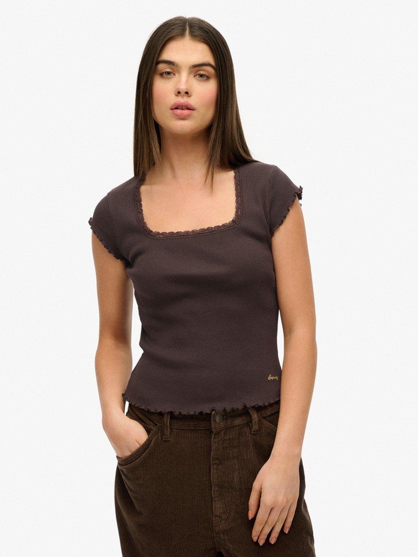 Product image 1 of 4, which shows Superdry Essential Square Neck T-Shirt, Dark Brown, 8