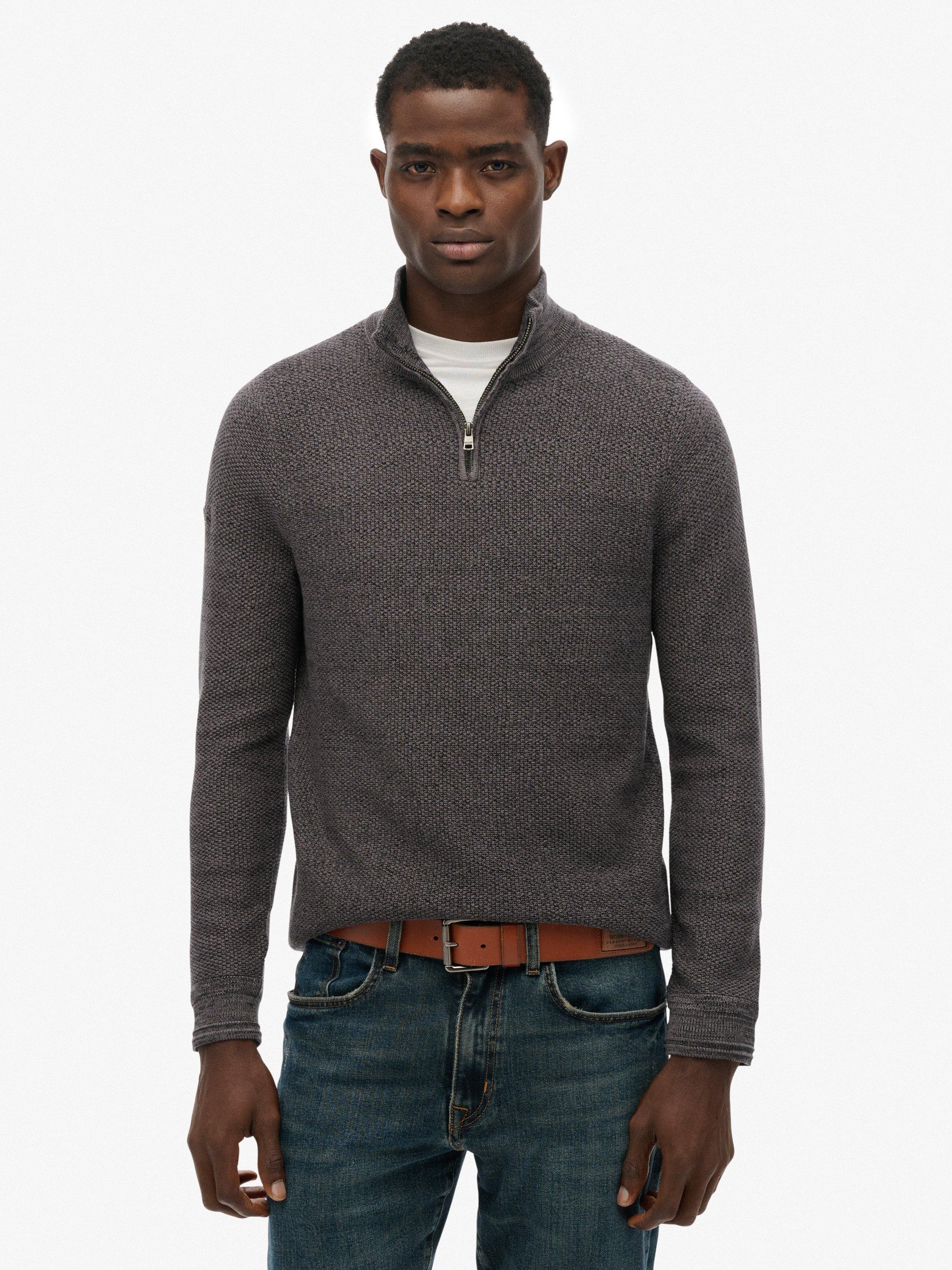Product image 1 of 5, which shows Superdry Cotton Texture Half Zip Jumper, Black/Dark Grey, S