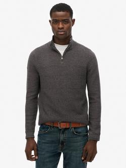 Superdry Cotton Texture Half Zip Jumper, Black/Dark Grey
