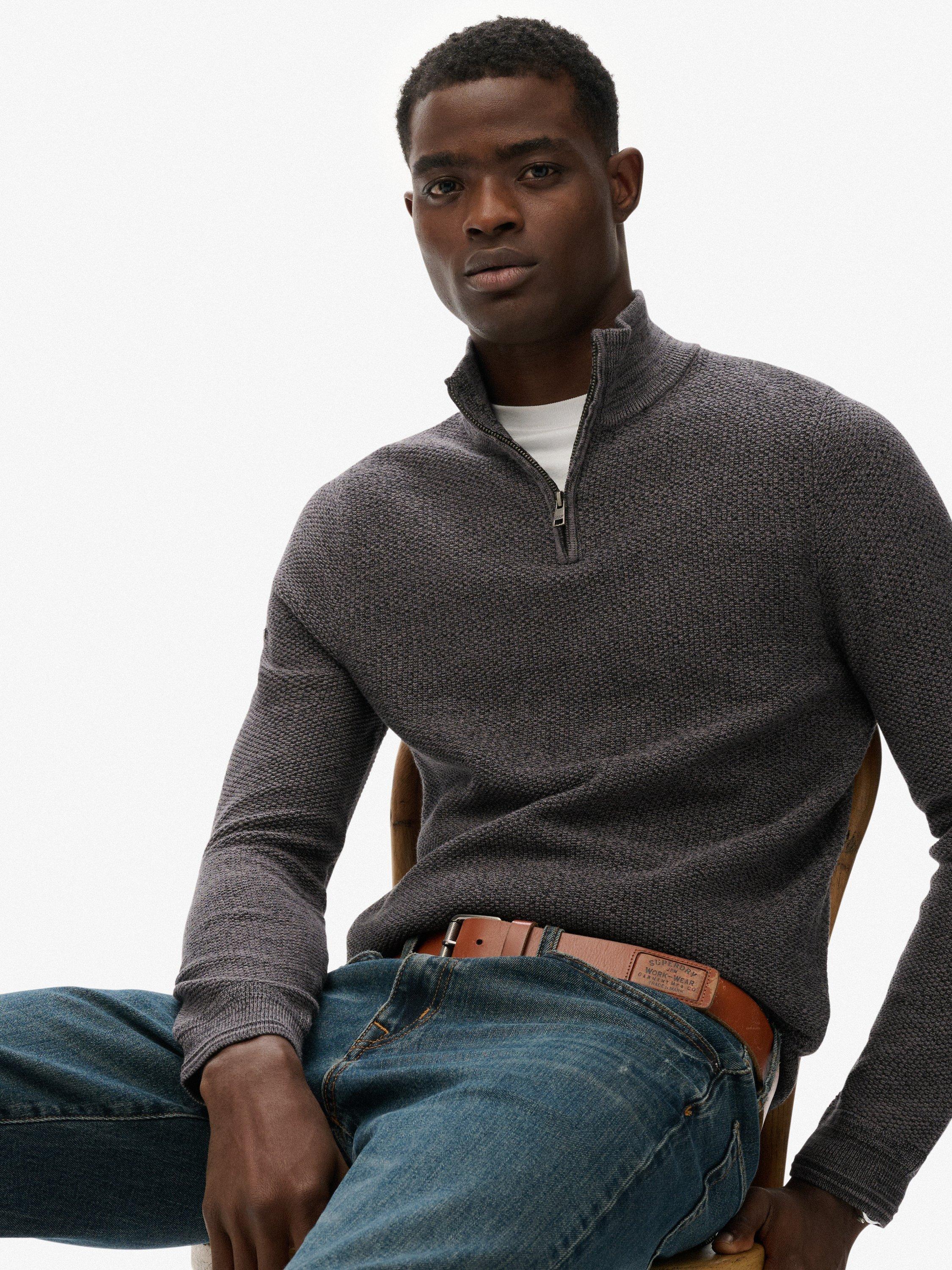 Product image 4 of 5, which shows Superdry Cotton Texture Half Zip Jumper, Black/Dark Grey, S