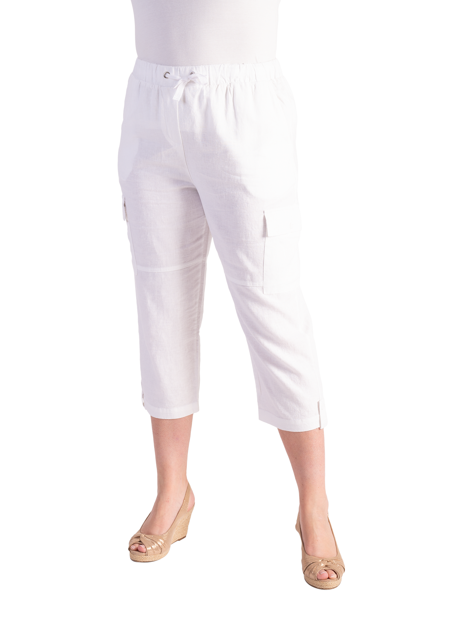 Product image 1 of 5, which shows chesca Linen Mix Cargo Capri Cropped Trousers, White, 18-20