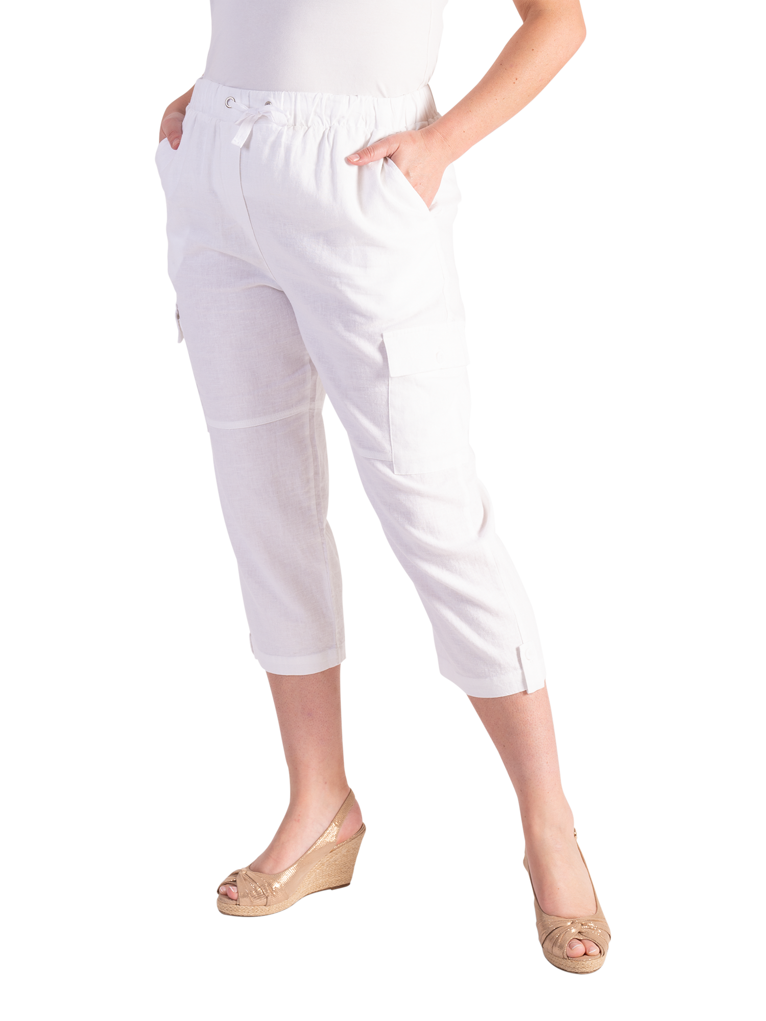 Product image 3 of 5, which shows chesca Linen Mix Cargo Capri Cropped Trousers, White, 18-20