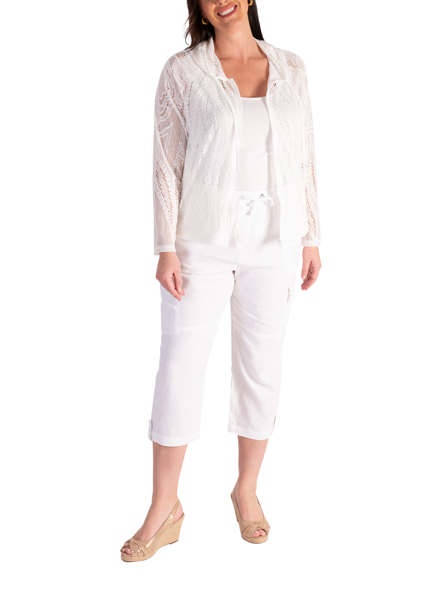 Product image 4 of 5, which shows chesca Linen Mix Cargo Capri Cropped Trousers, White, 18-20