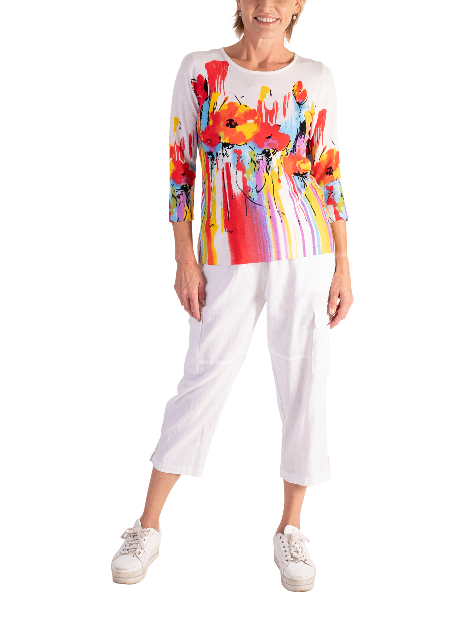 Product image 5 of 5, which shows chesca Linen Mix Cargo Capri Cropped Trousers, White, 18-20