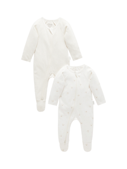 Purebaby Baby Cotton Essentials Zip Growsuit, Pack of 2, Vanilla Bear, Vanilla Bear