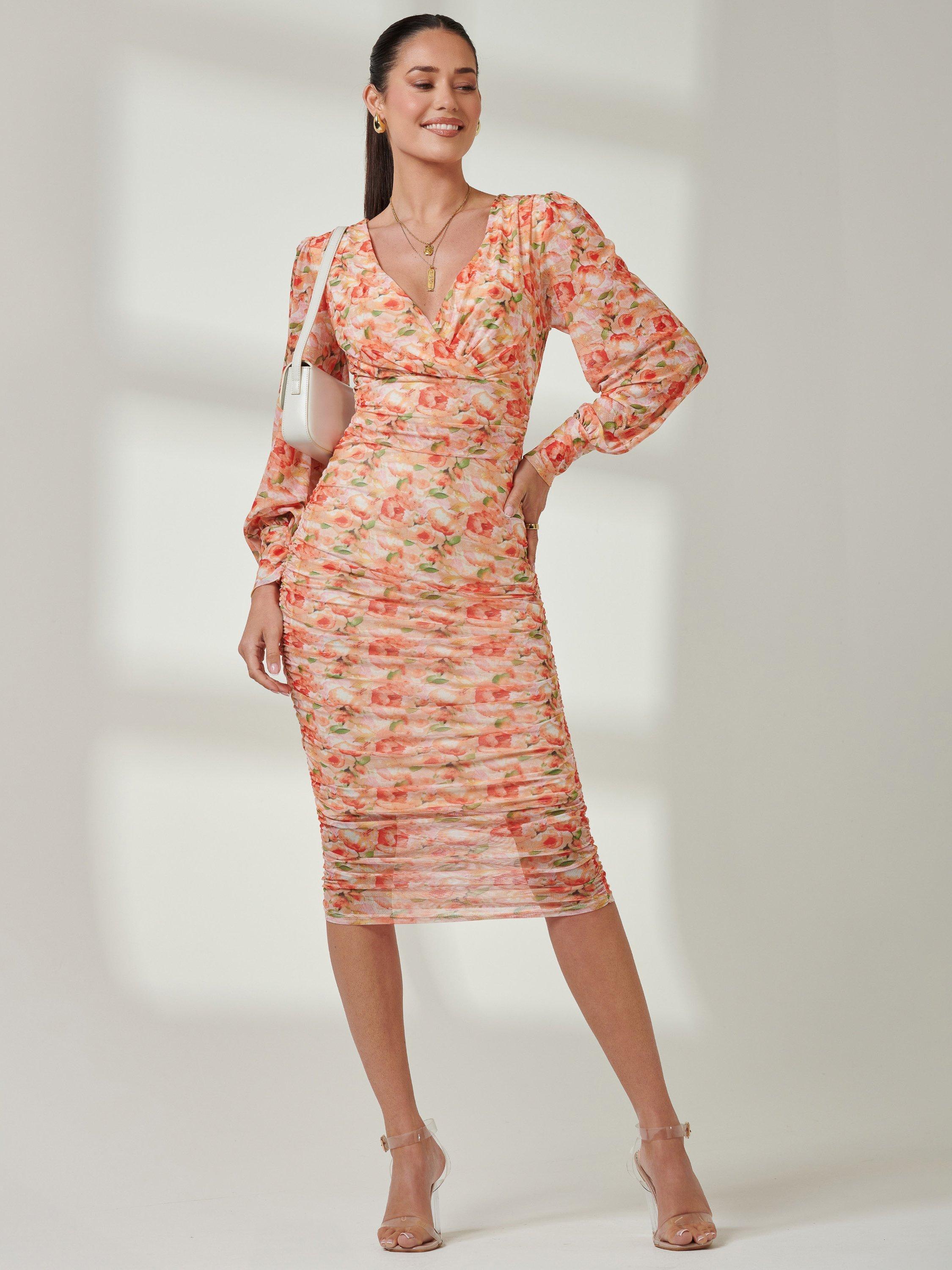 Jolie Moi Floral Ruched Mesh Midi Dress, Orange/Multi