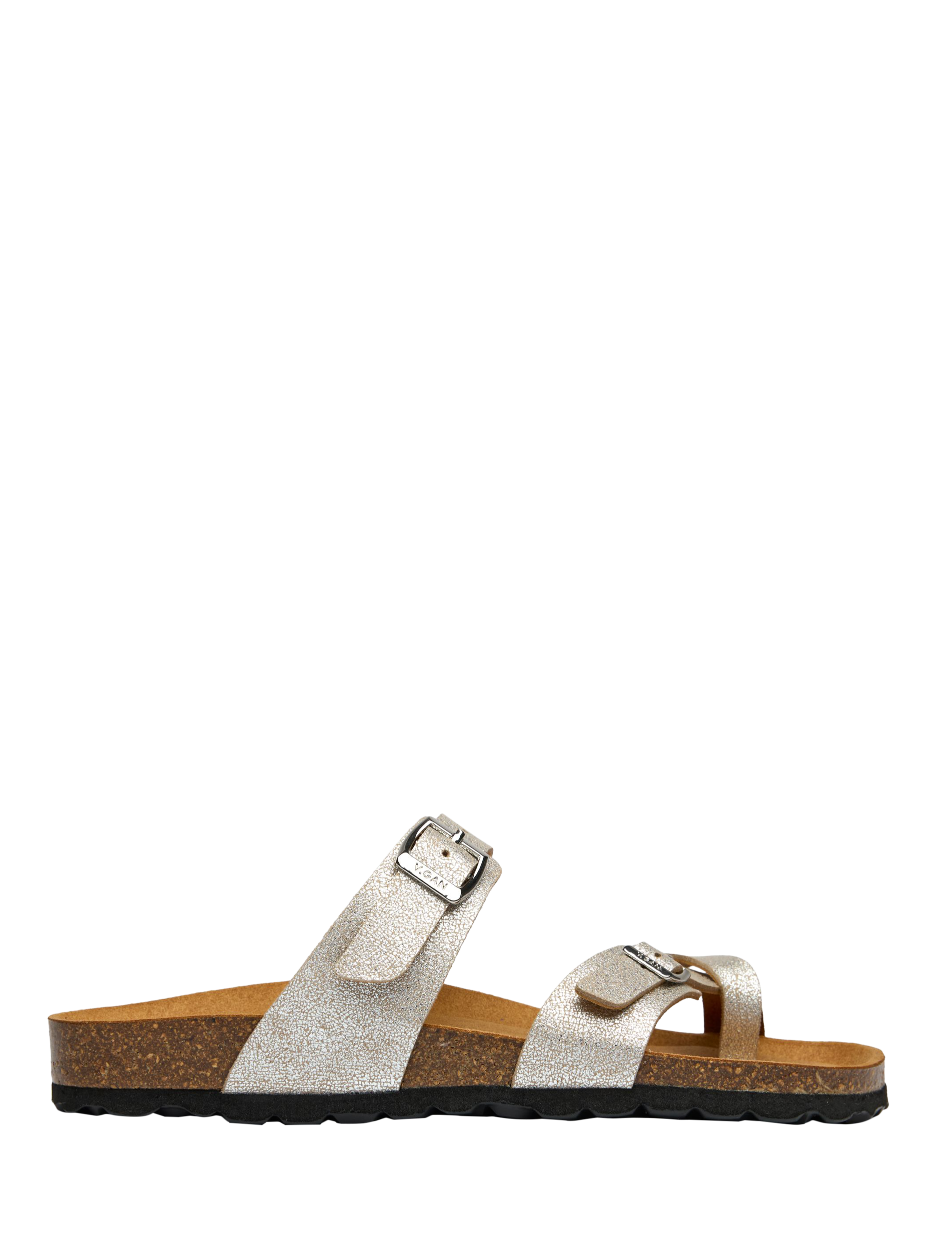 Product image 1 of 4, which shows V.GAN Vegan Garlic Metallic Footbed Sandals, Silver, 3