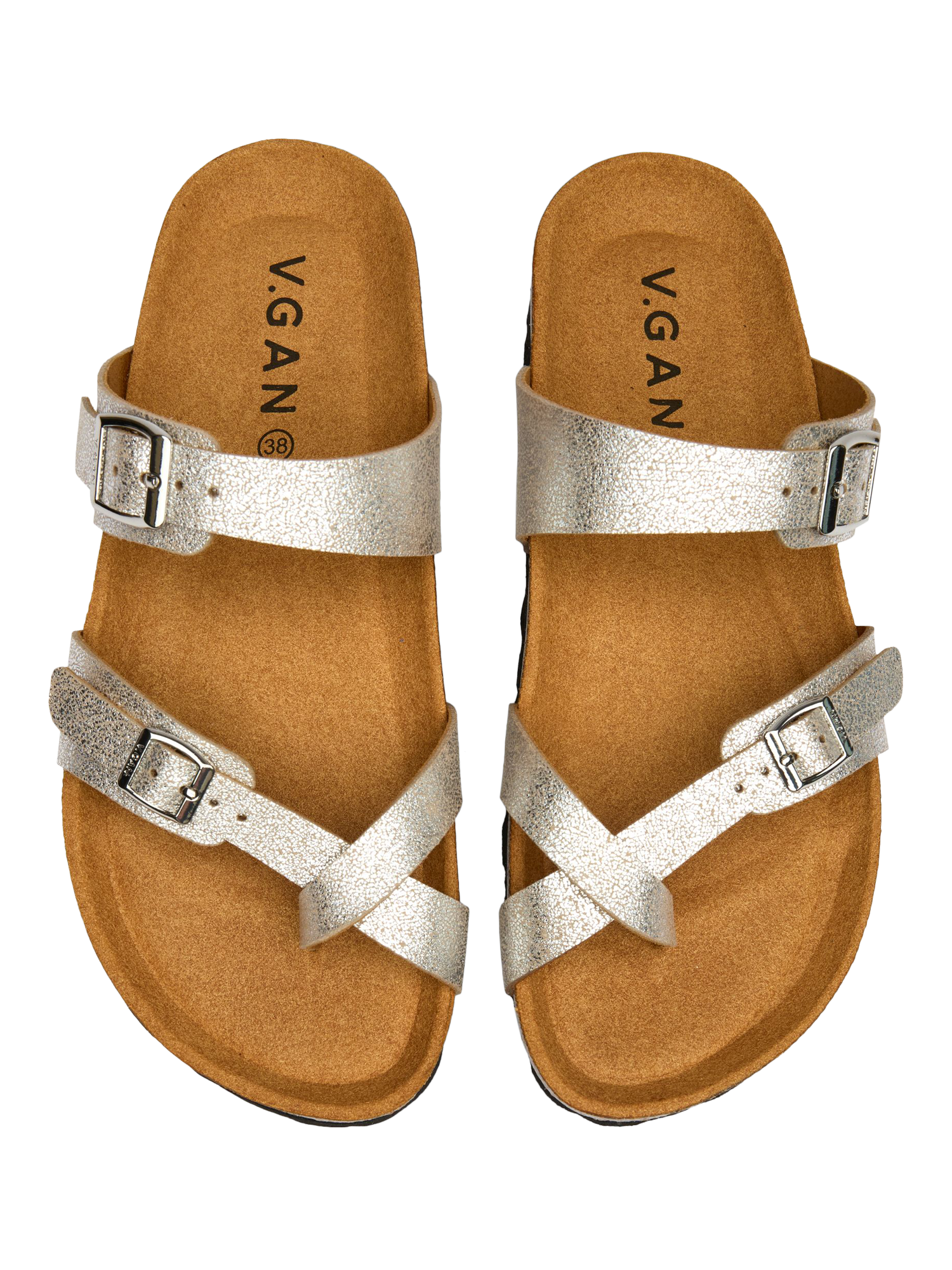 Product image 2 of 4, which shows V.GAN Vegan Garlic Metallic Footbed Sandals, Silver, 3