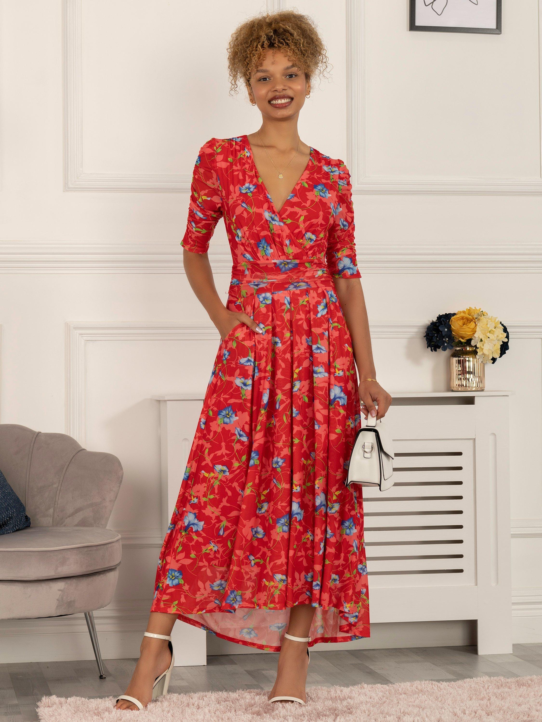 Jolie Moi Floral Ruched Mesh Maxi Dress, Red/Multi
