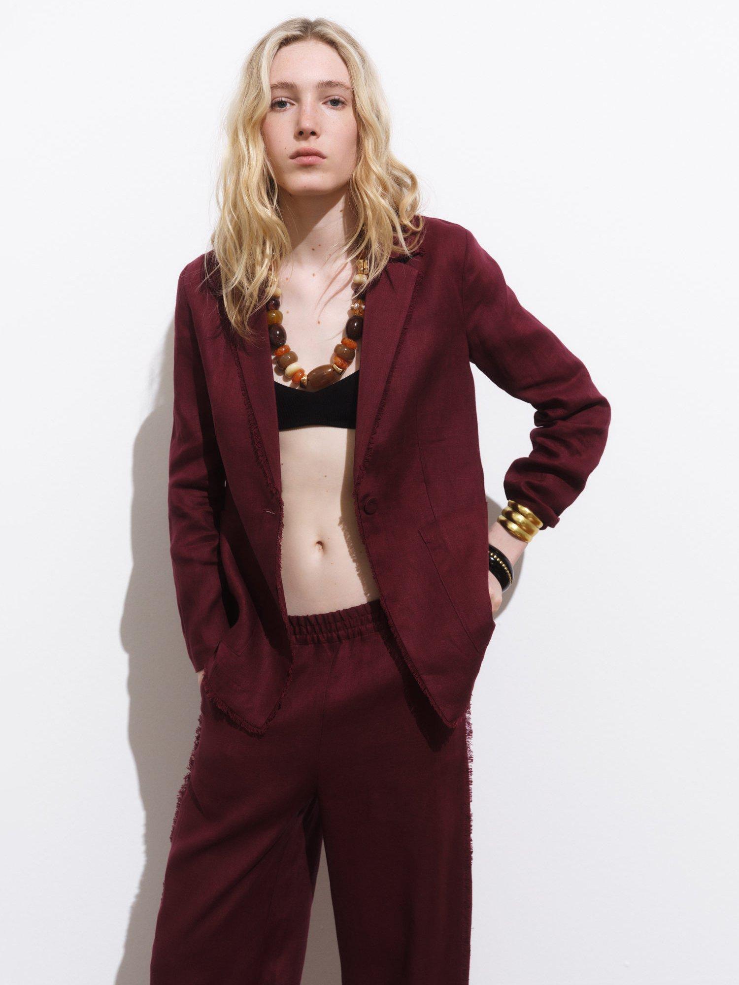 Product image 1 of 8, which shows Mango Tarida Fringe Hem Pure Linen Blazer, Dark Red, XXS