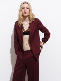 Mango Tarida Fringe Hem Pure Linen Blazer, Dark Red, Dark Red