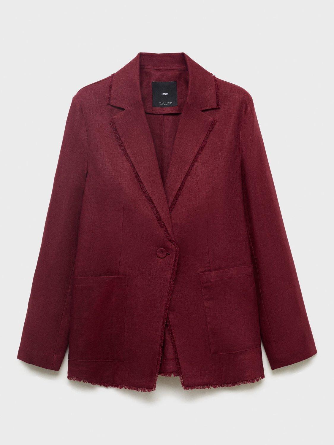Product image 3 of 8, which shows Mango Tarida Fringe Hem Pure Linen Blazer, Dark Red, XXS