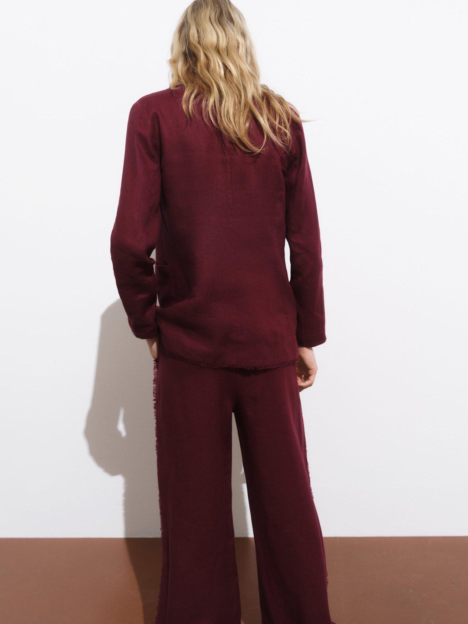 Product image 4 of 8, which shows Mango Tarida Fringe Hem Pure Linen Blazer, Dark Red, XXS