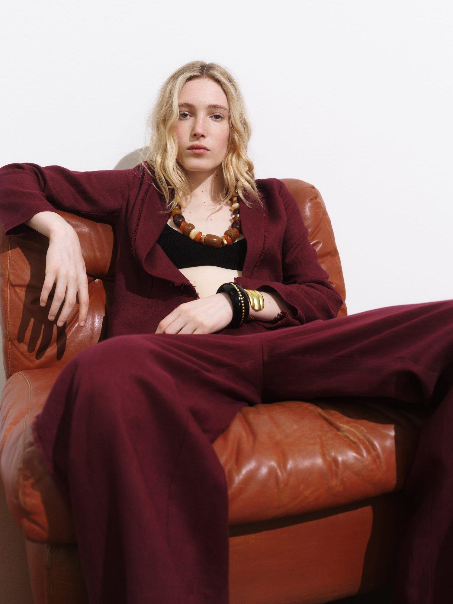 Product image 7 of 8, which shows Mango Tarida Fringe Hem Pure Linen Blazer, Dark Red, XXS