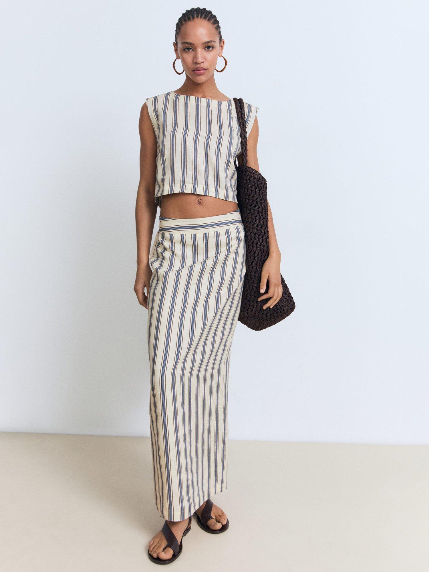 Product image 2 of 7, which shows Mango Fred Stripe Pure Linen Skirt, Light Beige, 4