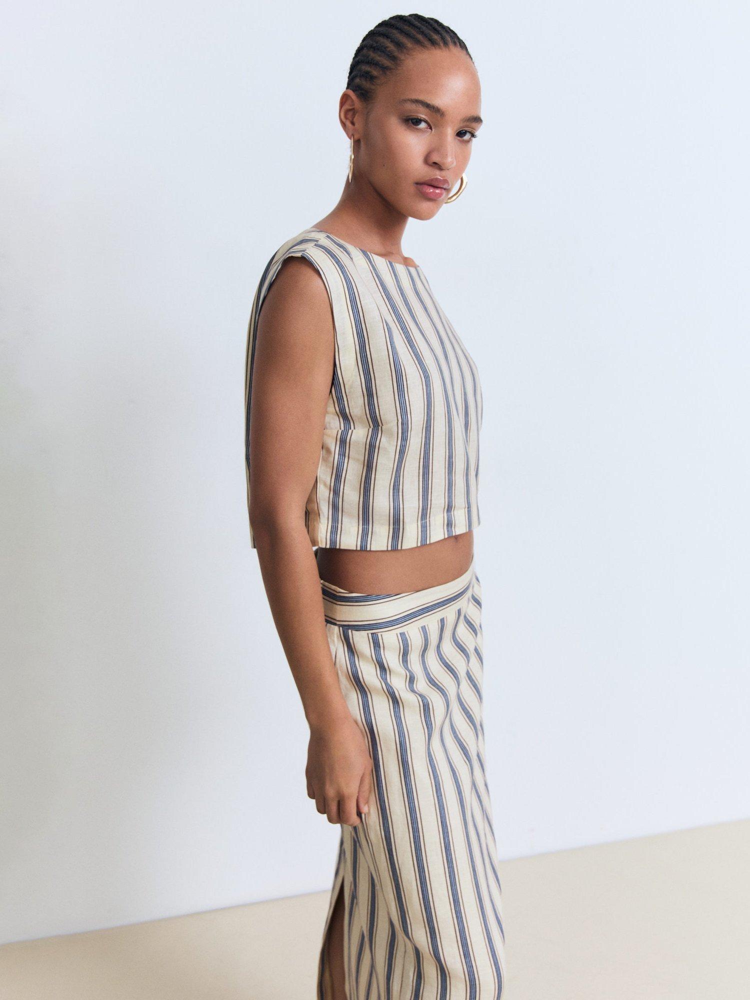 Product image 6 of 7, which shows Mango Fred Stripe Pure Linen Skirt, Light Beige, 4
