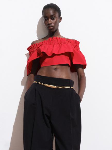 Mango Bellini Ruffle Bandeau Top, Red, Red