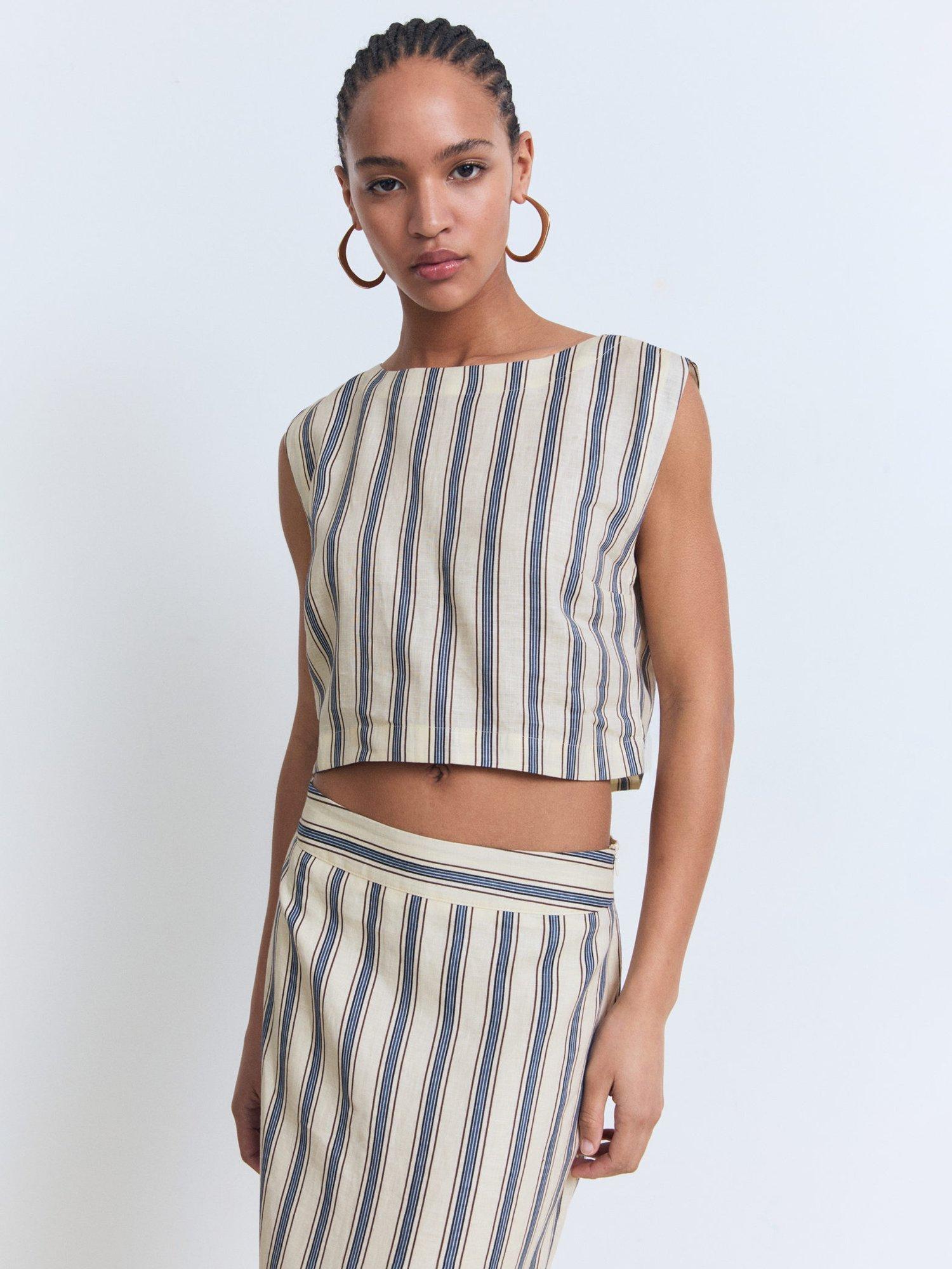 Product image 1 of 8, which shows Mango Fred Stripe Pure Linen Top, Light Beige, XS