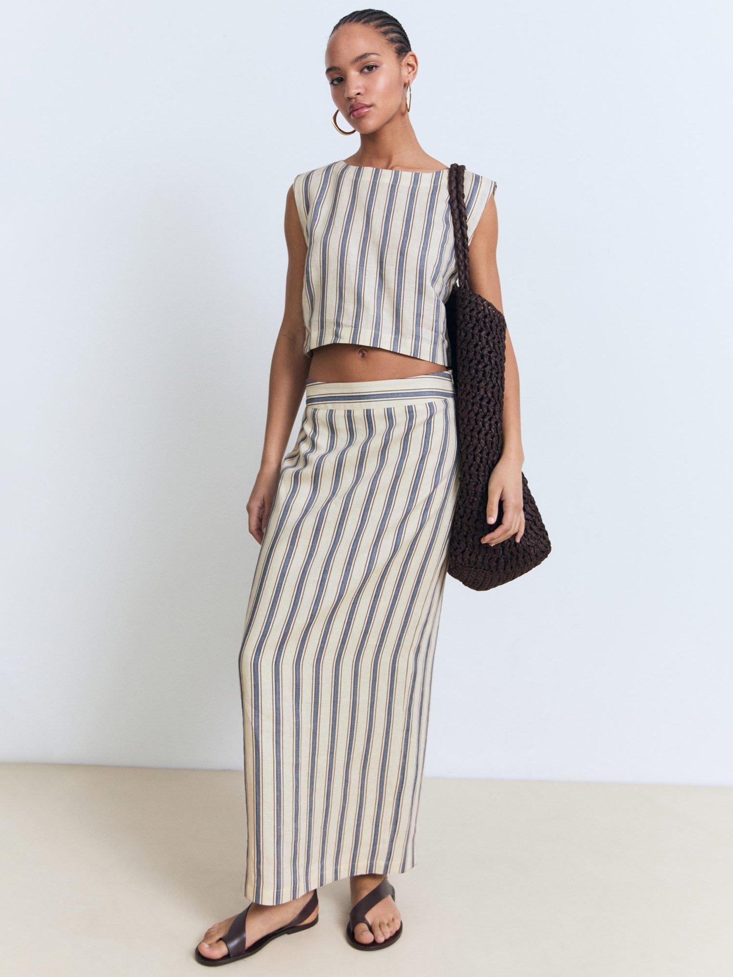 Product image 2 of 8, which shows Mango Fred Stripe Pure Linen Top, Light Beige, XS