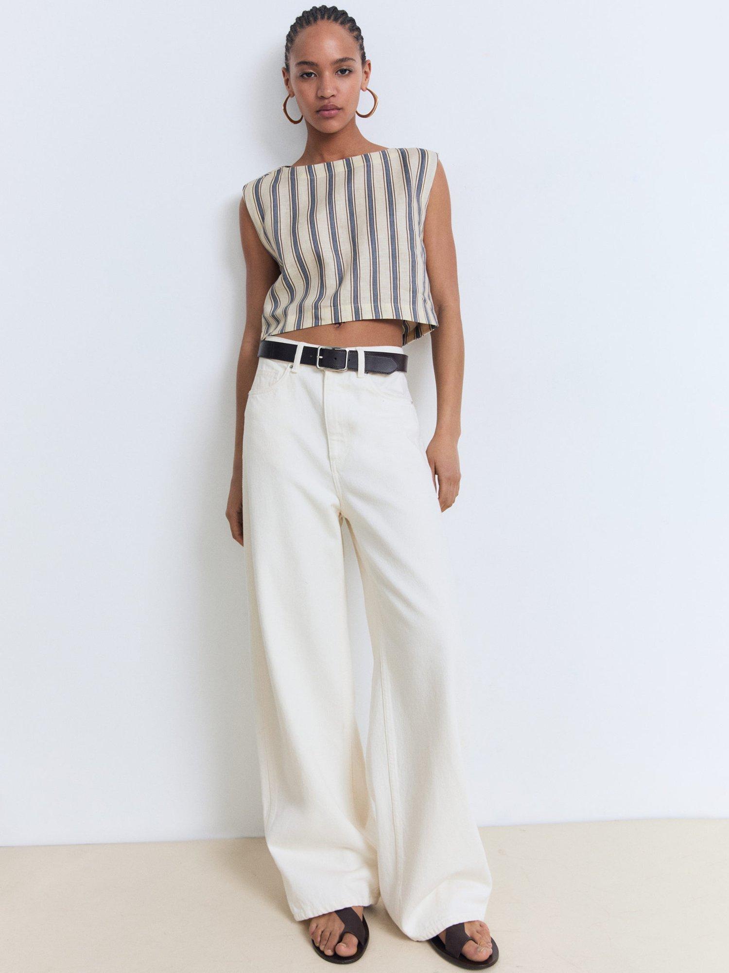 Product image 6 of 8, which shows Mango Fred Stripe Pure Linen Top, Light Beige, XS