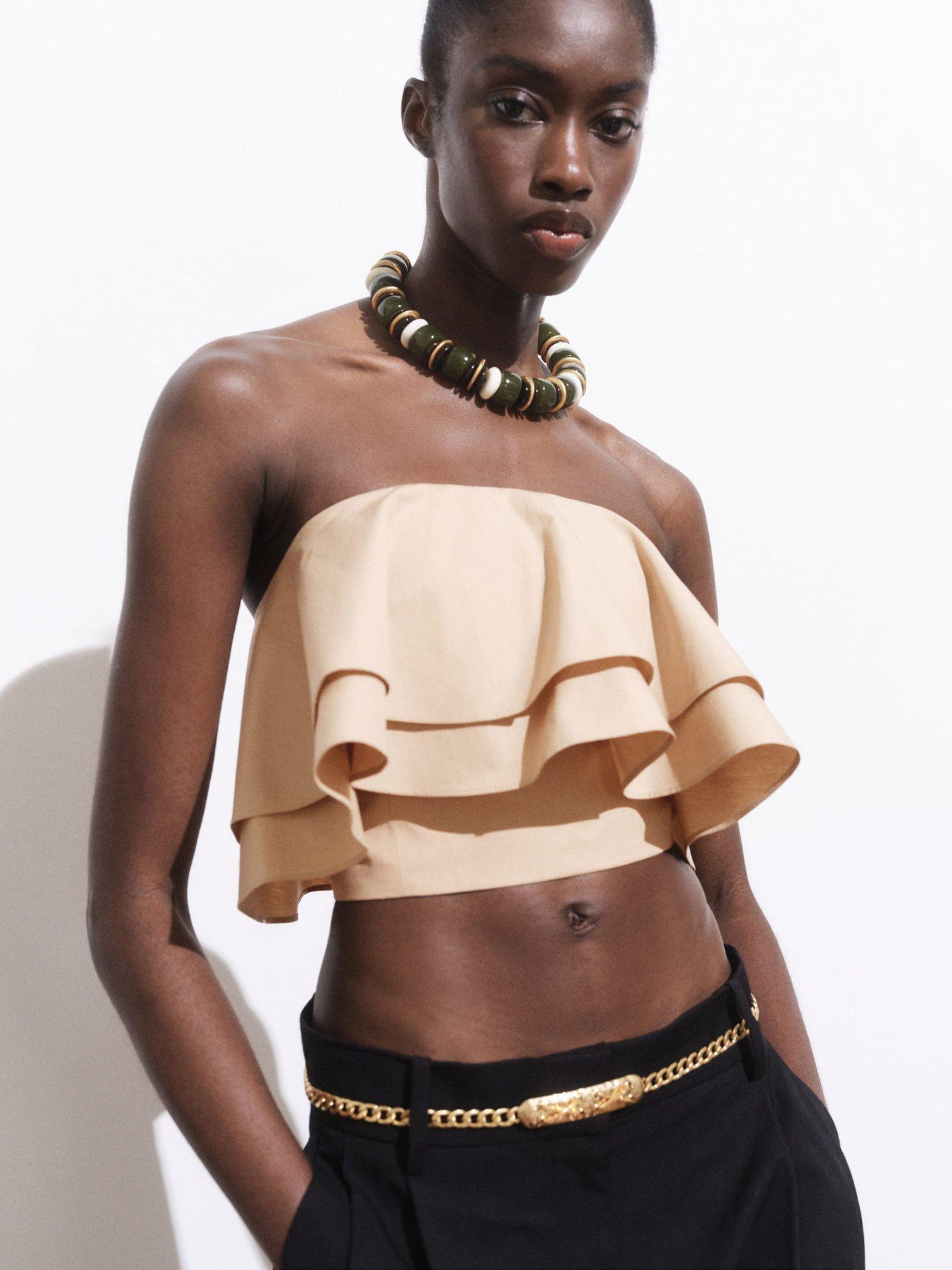 Product image 1 of 7, which shows Mango Mojito Ruffle Crop Top, Light Beige, L