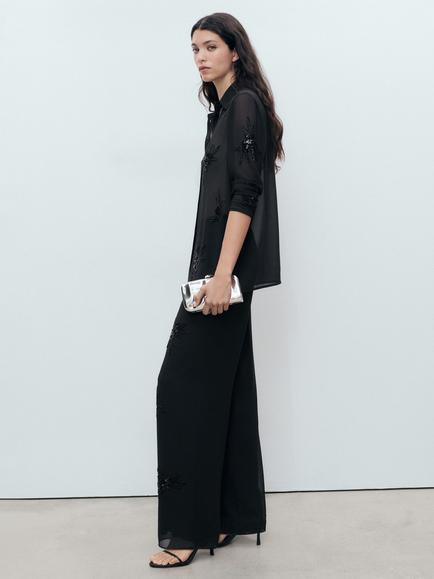 Mango Flora Trousers, Black - view 2, Black