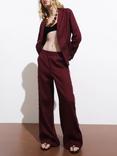 Mango Tarida Fringe Detail Pure Linen Trousers, Dark Red