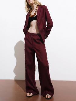 Mango Tarida Fringe Detail Pure Linen Trousers, Dark Red, Dark Red