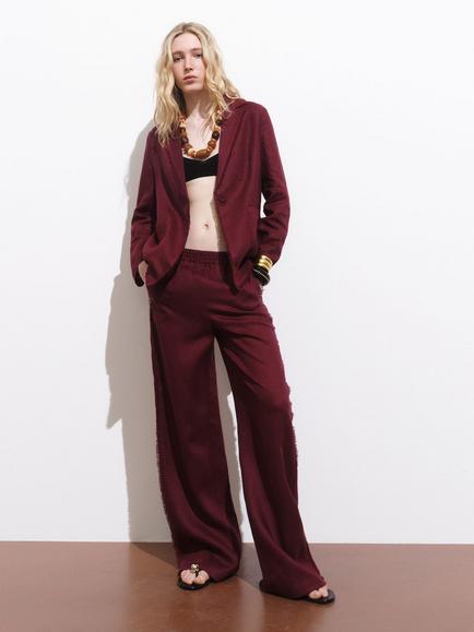 Mango Tarida Fringe Detail Pure Linen Trousers, Dark Red - view 2, Dark Red