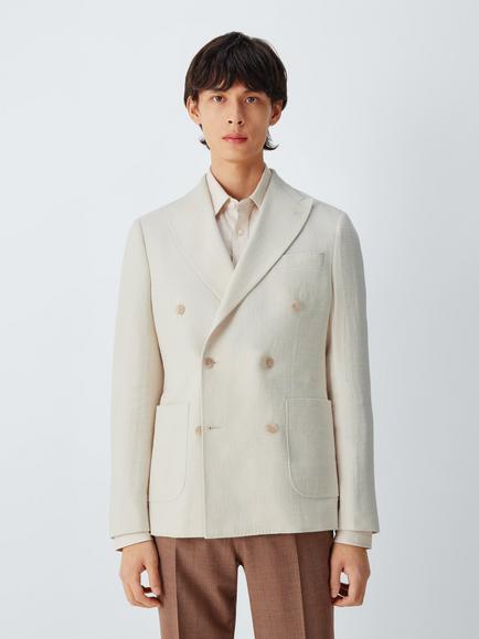John Lewis Tweed Cotton Linen Blend Double Breasted Blazer, Ecru, Ecru