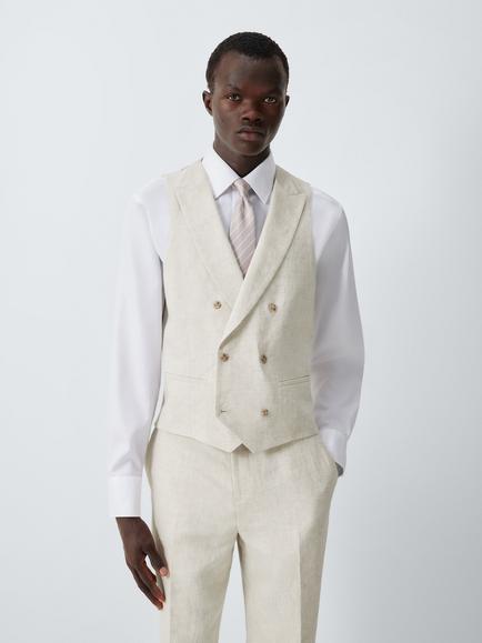 John Lewis Double Breasted Linen Regular Fit Waistcoat, Stone, Stone