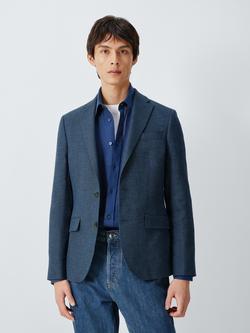 John Lewis Single Breasted Regular Fit Textured Cotton Blend Blazer with Linen, Navy, Navy