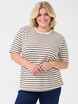 KAFFE Curve Winni Stripe T-Shirt, White/Brown, White/Brown